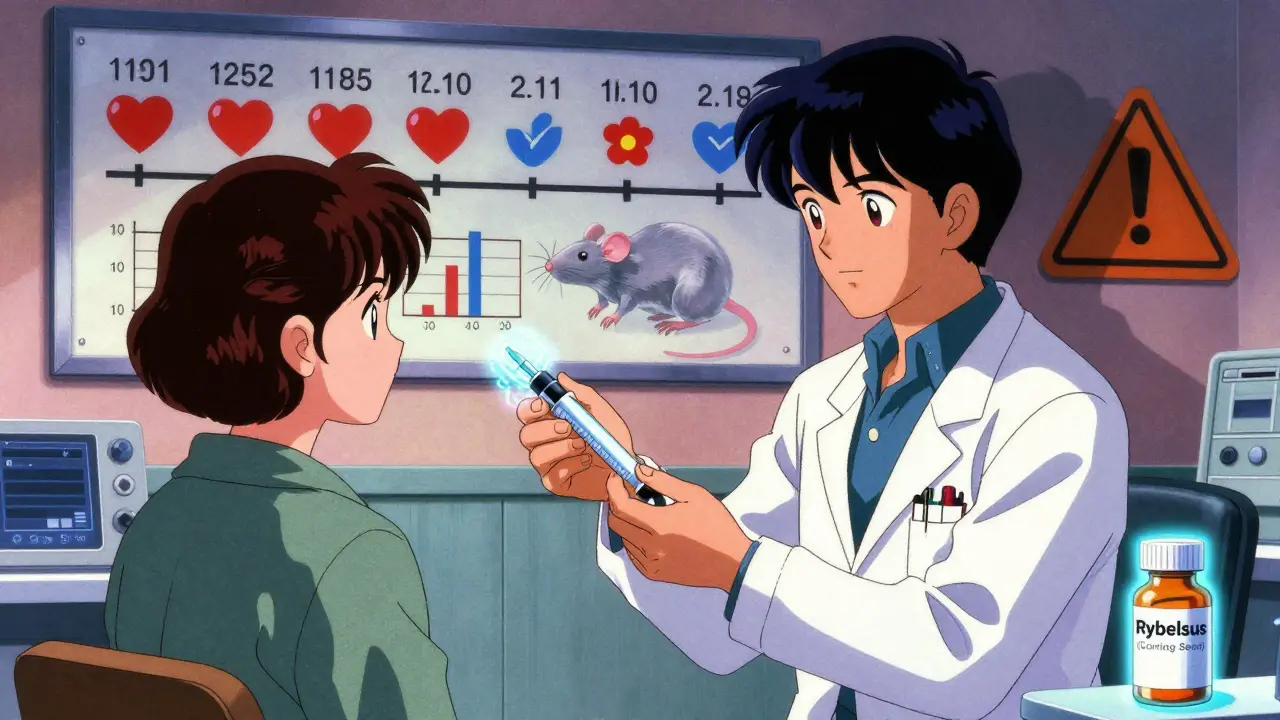 Doctor gives injection pen to patient, behind them a timeline shows weight loss and heart health progress.