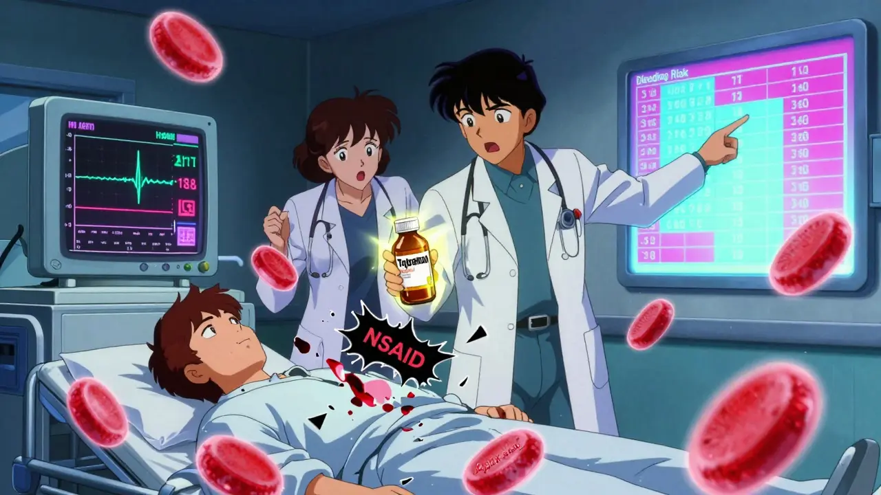 Doctors shocked at ER monitor showing crashing blood levels, NSAID and blood thinner icons fighting in midair.
