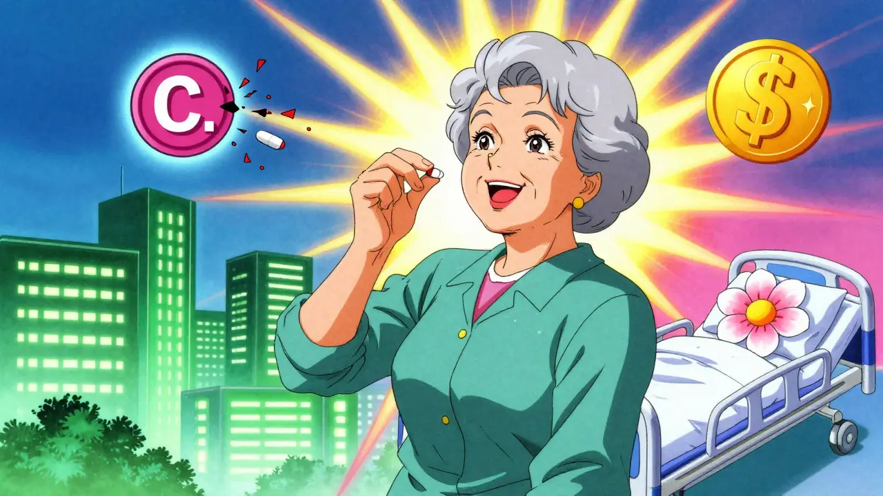 Elderly woman taking amoxicillin as symbols of health and savings float around her.