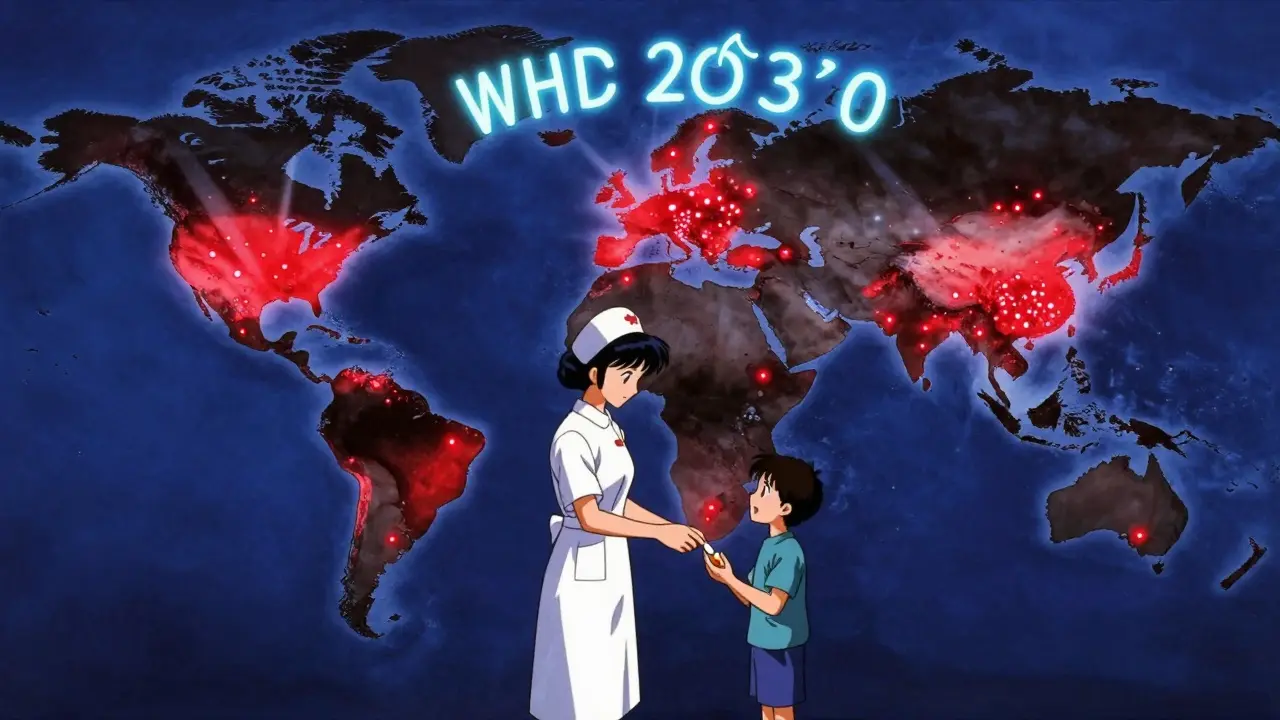 Global map with healing light beams from countries that provide access, a nurse giving a pill to a child, and WHO 2030 goal in neon script.