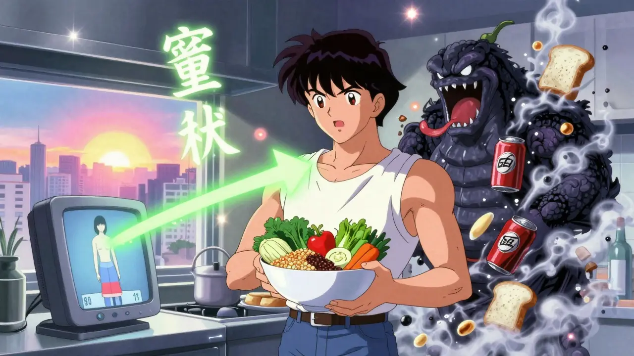 Hero holding healthy food as junk food monster dissolves, with shrinking waistline monitor