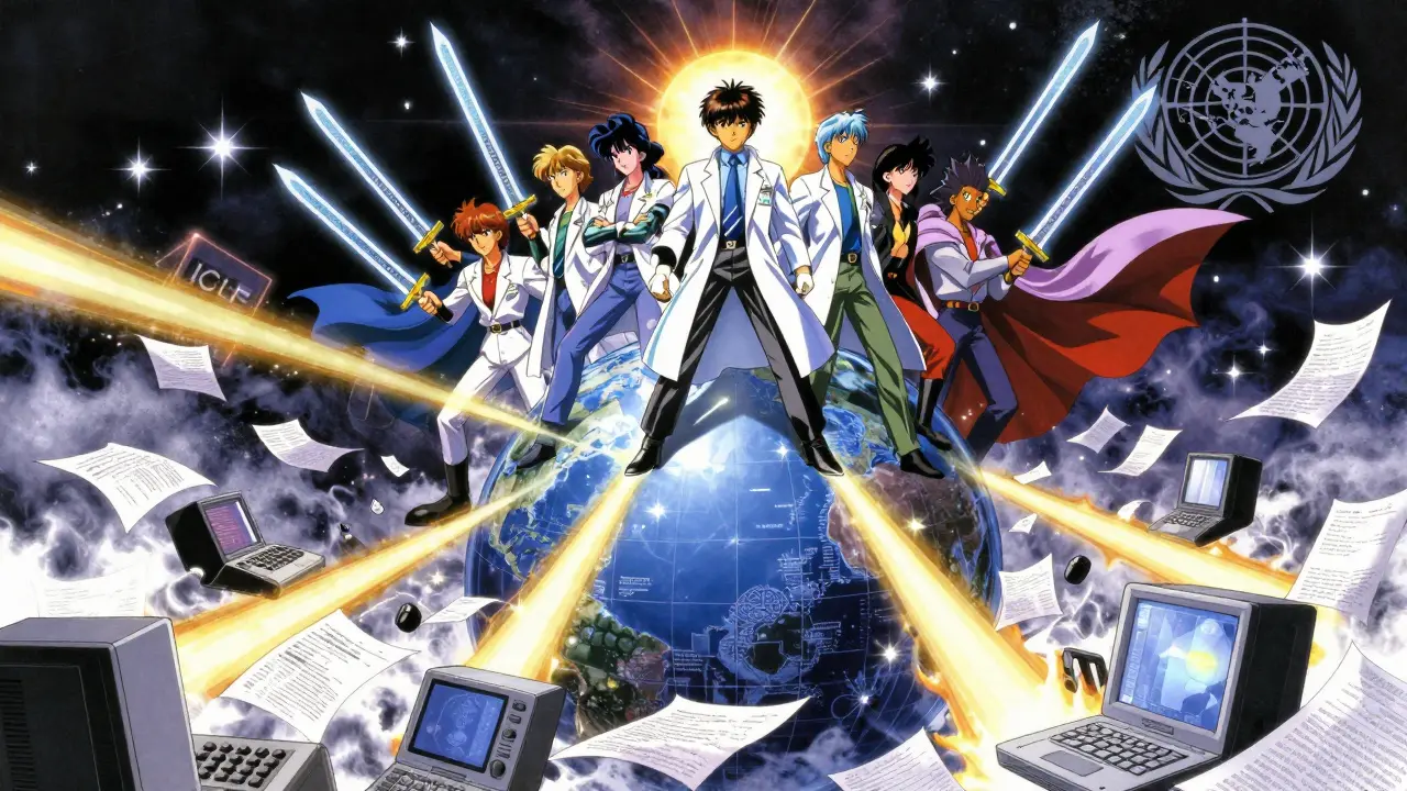 Heroes defeat outdated systems with AI light, standing atop a globe as VigiBase shines in the sky.