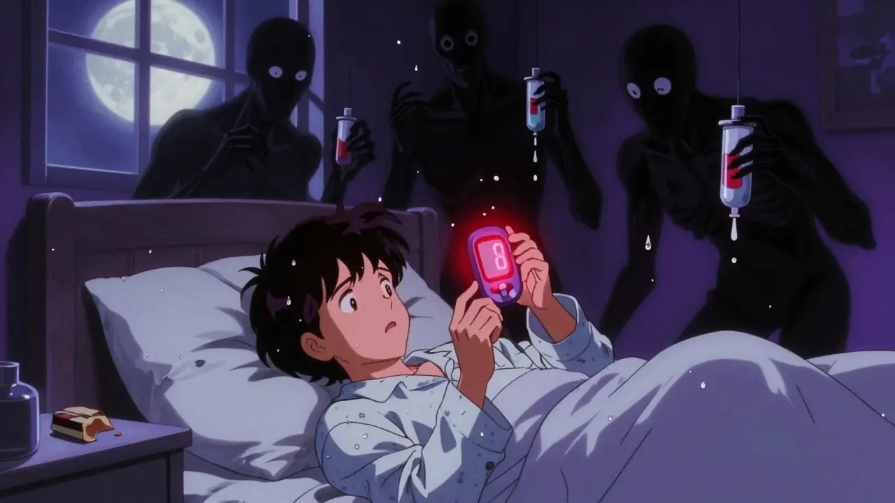 Nighttime scene of person waking up terrified from low blood sugar, with shadowy hypoglycemia figures.