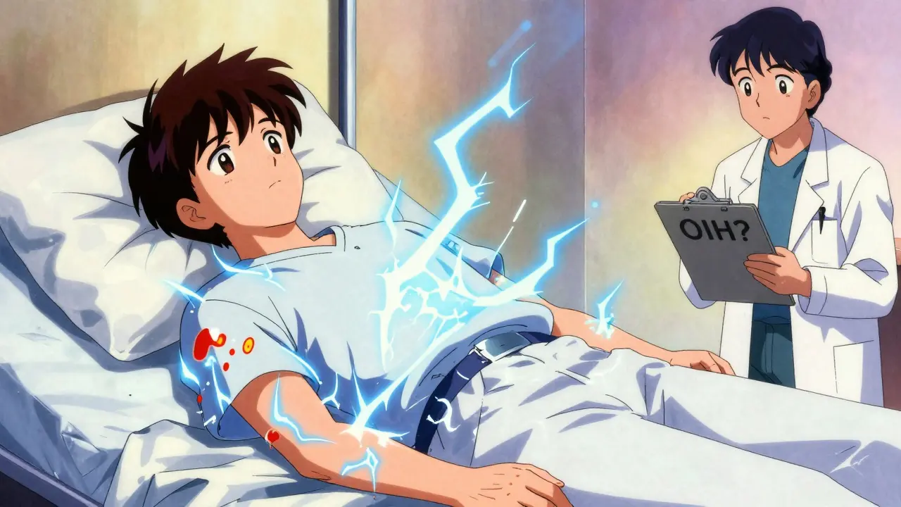 Patient's skin erupting in electric pain waves from gentle sunlight touch.