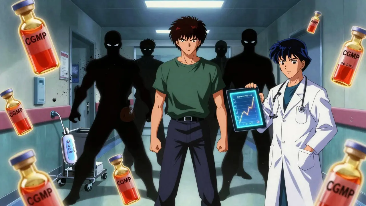 Patient surrounded by glowing CGRP antibody vials as insurance forms disintegrate, neurologist guiding toward hope.