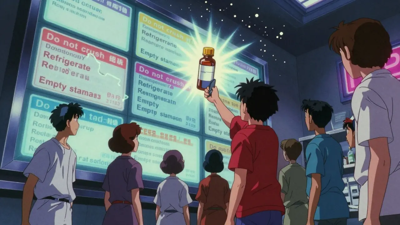 Patients in a pharmacy watch a digital wall of fragmented prescription instructions, one scanning the bottle to trigger a tutorial.