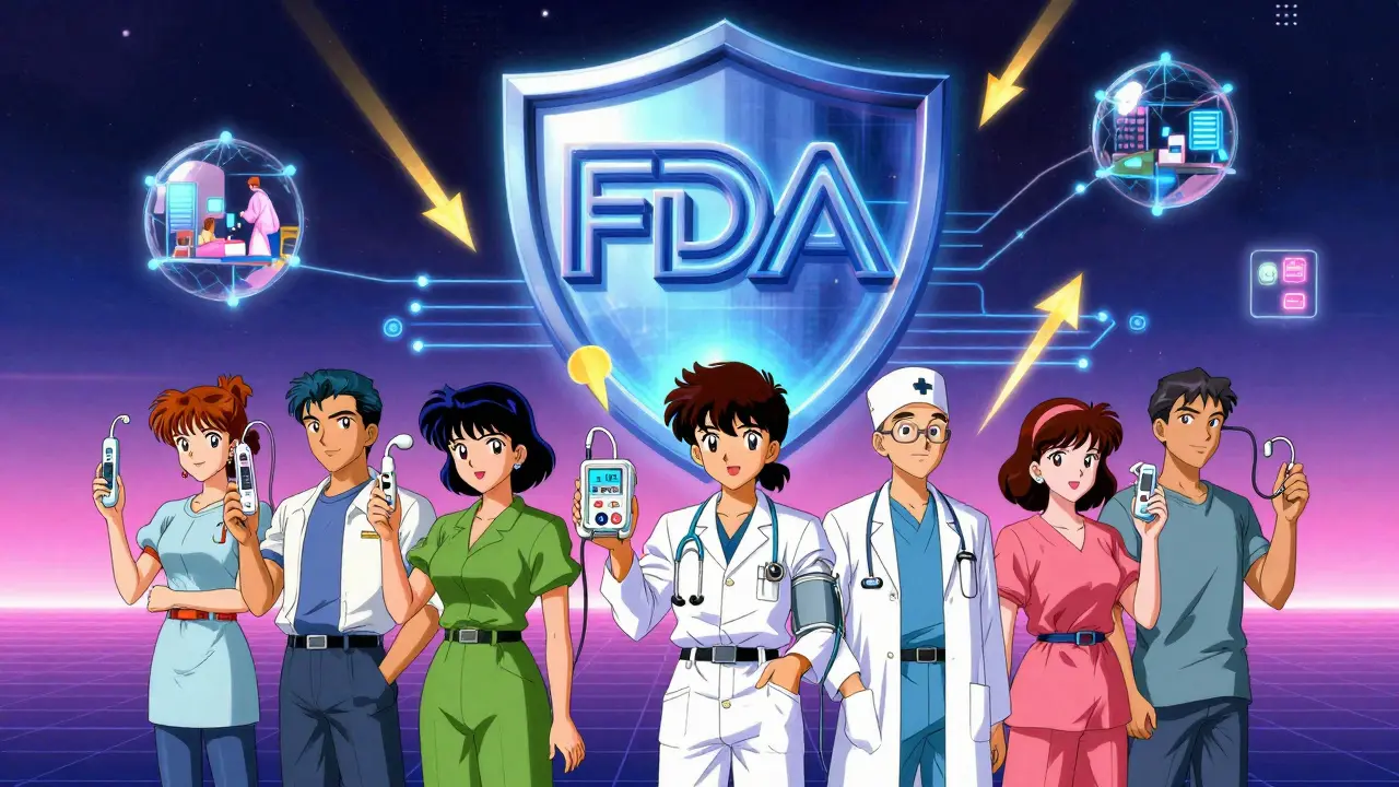 Patients receiving safety alerts from a floating FDA shield in retro-futuristic anime style.