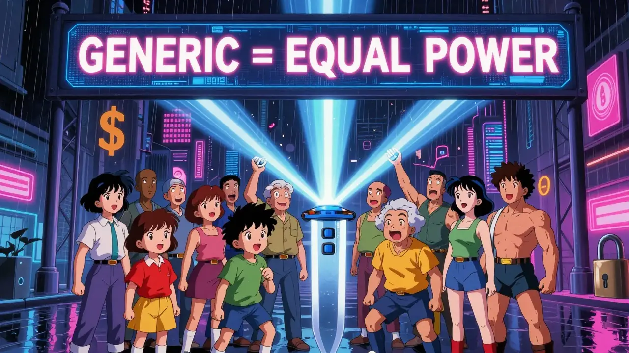 Patients unite under a banner of generic power, their devices forming a sword that destroys dollar signs and patent locks.