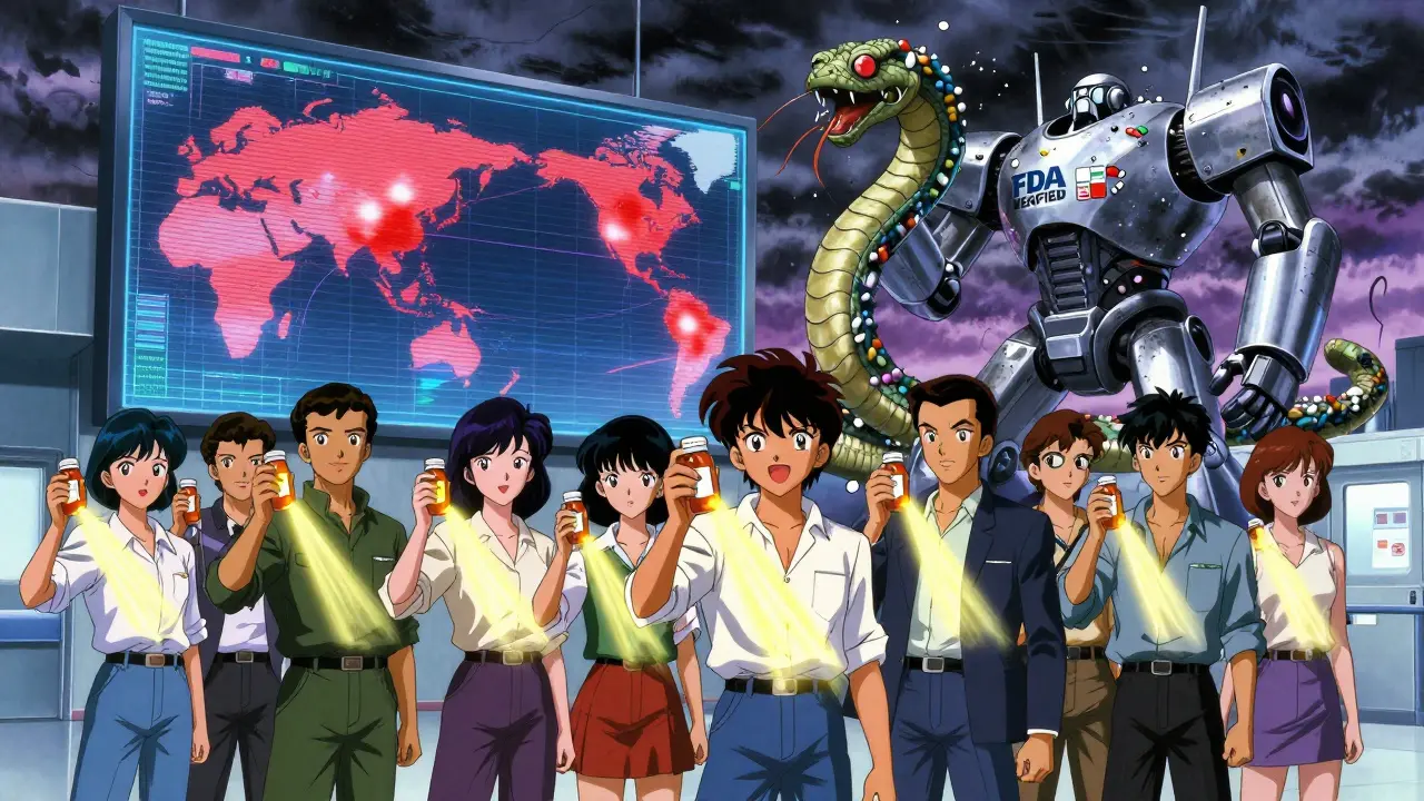 People hold medications as golden light verifies them, while a robot crushes fake drug serpents on a global map.