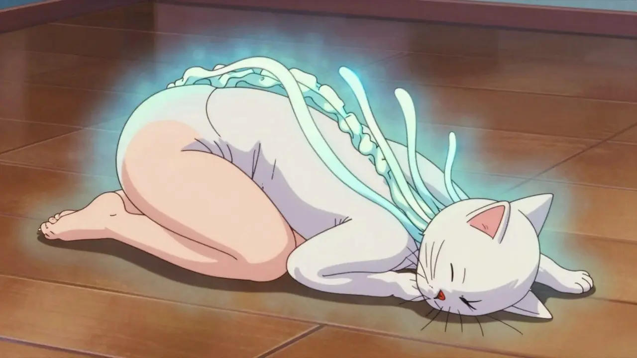 Person performing cat-cow stretch with glowing tension lines releasing from spine.