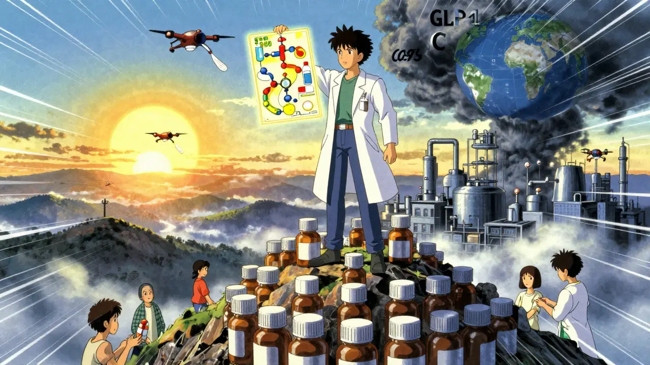 Pharmacist atop pill mountain delivering generics from global supply chain under rising sun