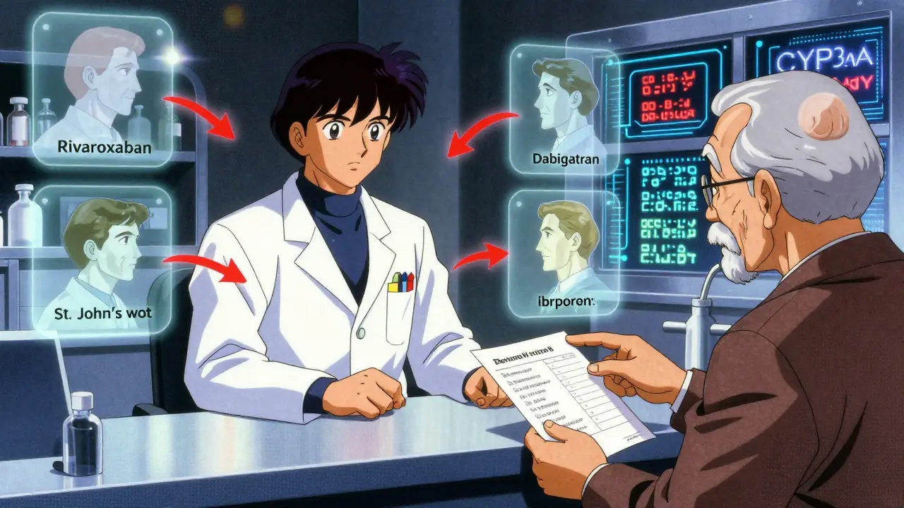 Pharmacist explaining drug interactions with floating warning symbols in retro anime style.