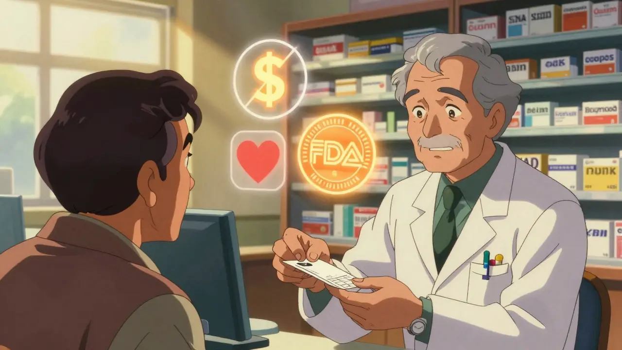 Pharmacist giving a prescription to an elderly patient with floating icons of savings, heart, and FDA seal.