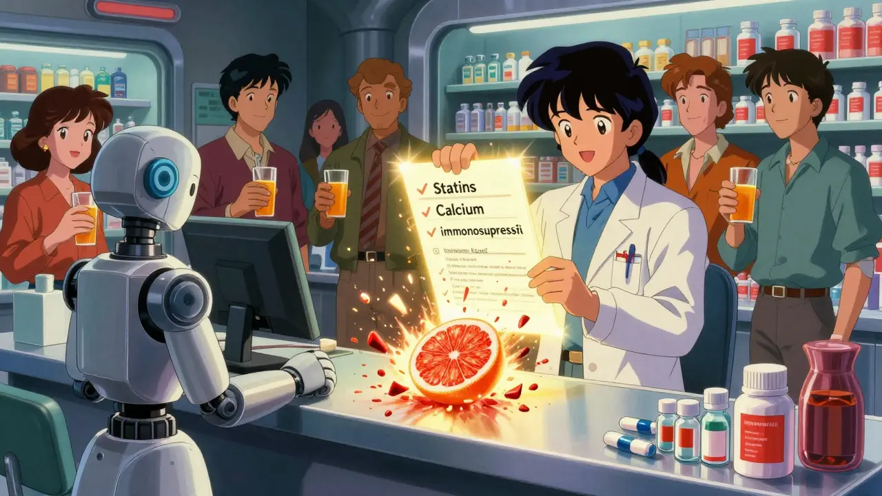 Robotic pharmacist displays dangerous meds as grapefruit explodes, patients drink safe orange juice.