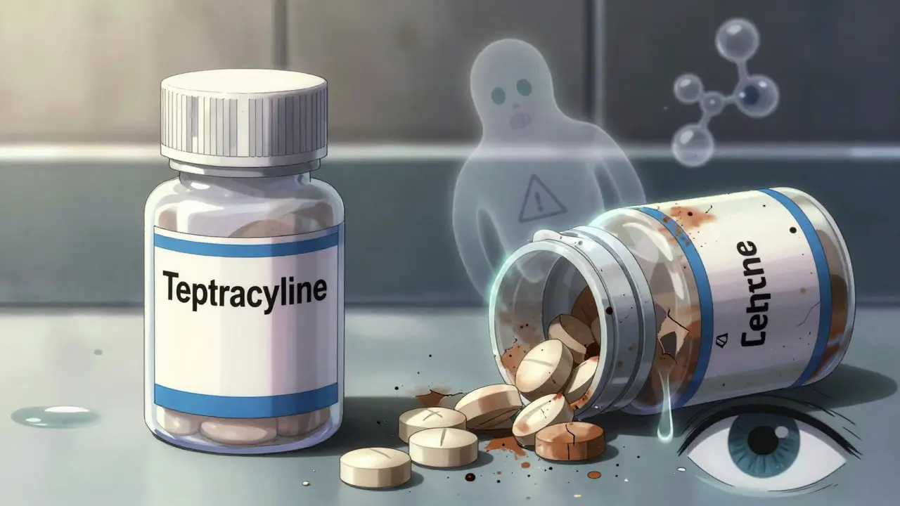 Side-by-side comparison of fresh and degraded tetracycline pills with glowing decay effects.