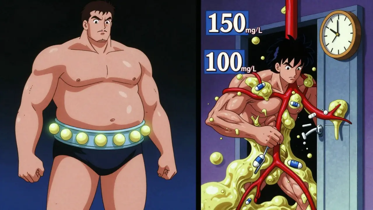 Split-panel anime scene showing hidden belly fat and clogged arteries with blood sugar levels