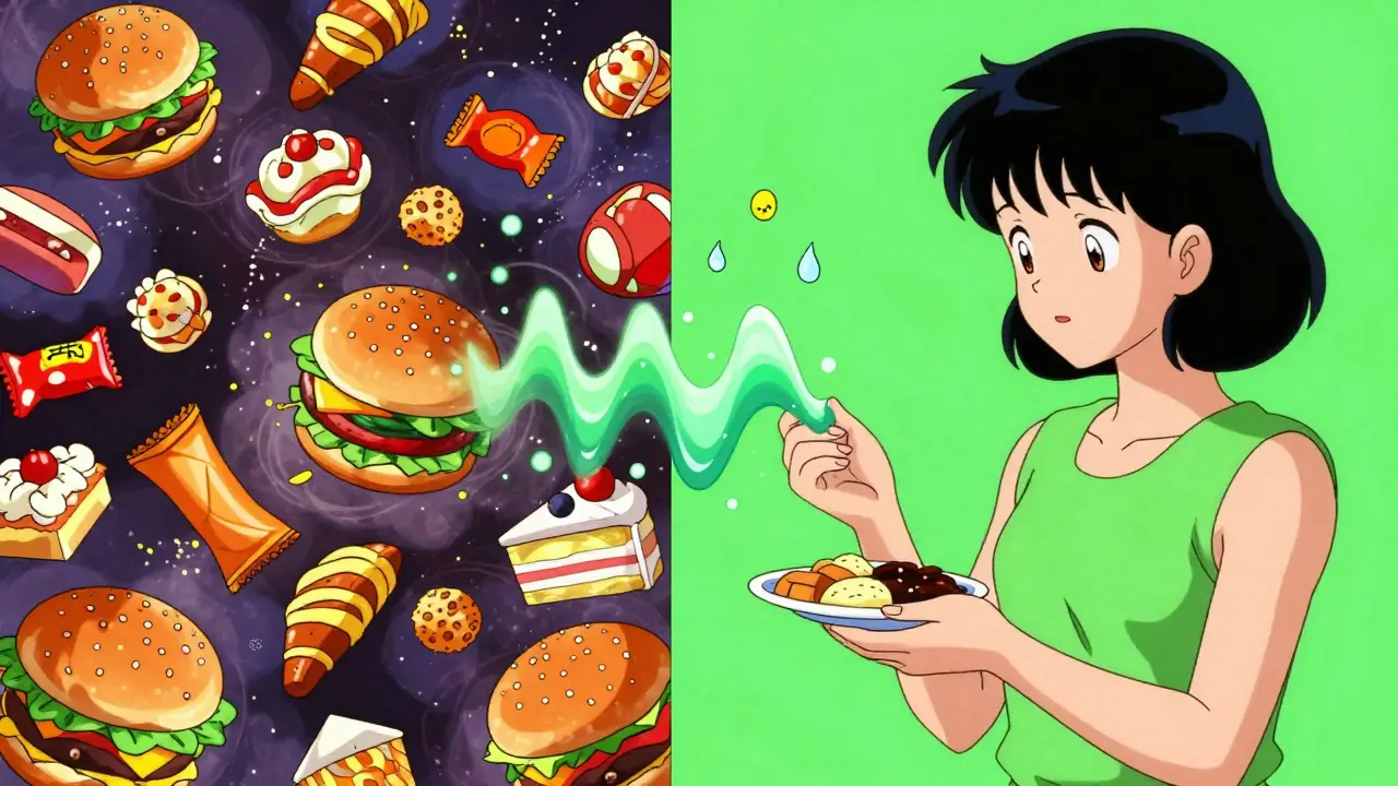 Split scene: chaotic food cravings vs calm person with healthy meal, GLP-1 wave calming the storm.