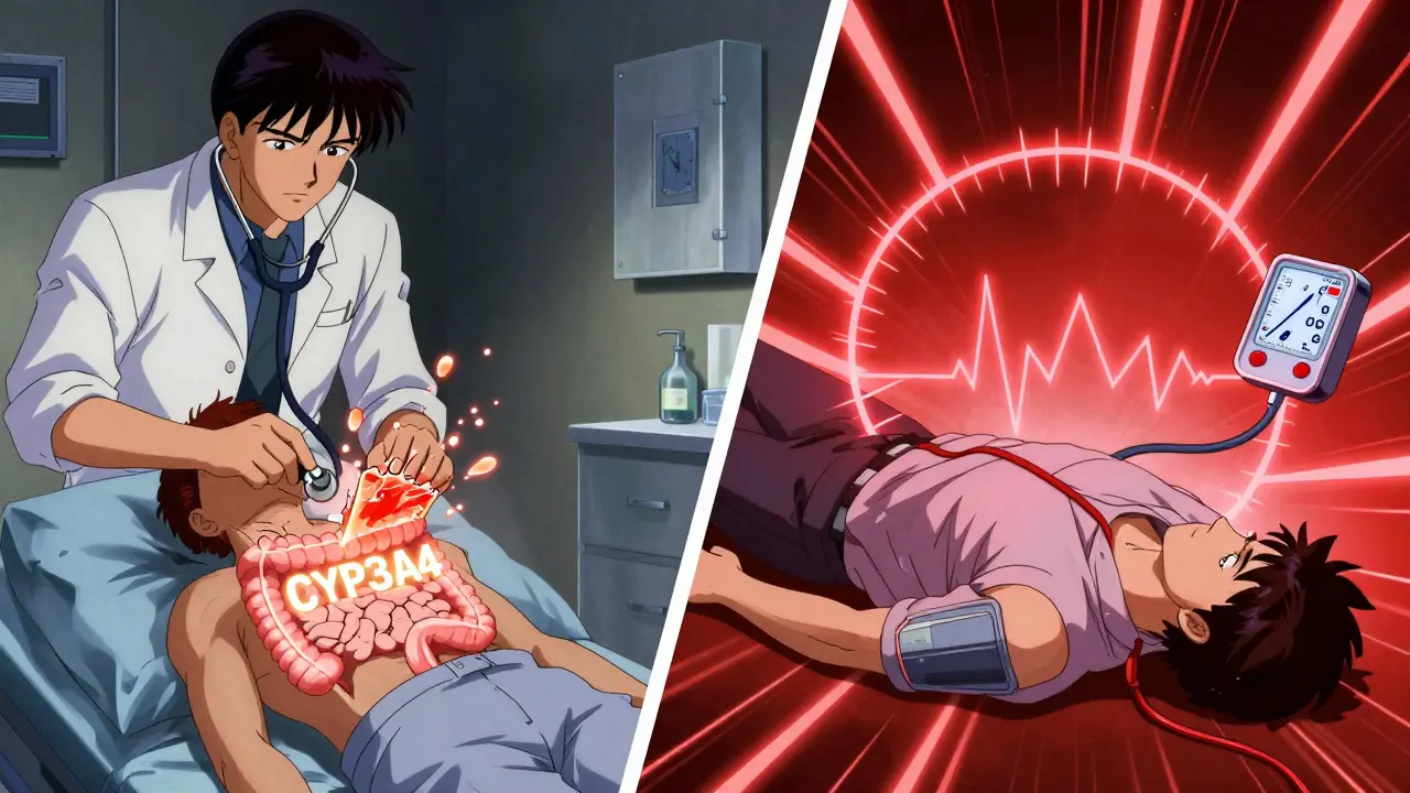 Split scene: enzyme being destroyed by grapefruit juice, then a man collapsing from medication overload.