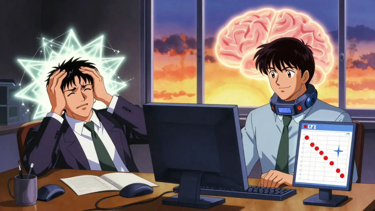 Split scene: man having migraine attack vs. recovered with device and declining headache tracker, sunrise in background.