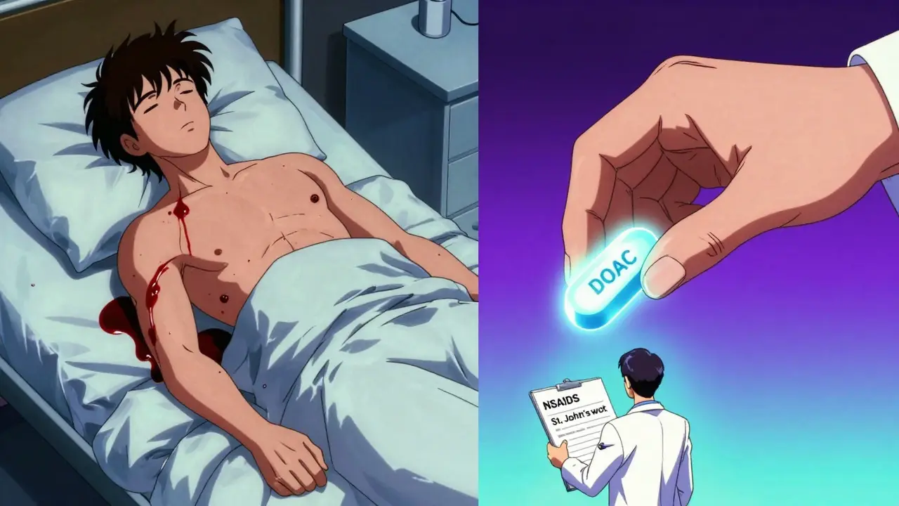 Split scene of bleeding patient vs. DOAC being overwhelmed by interacting substances.