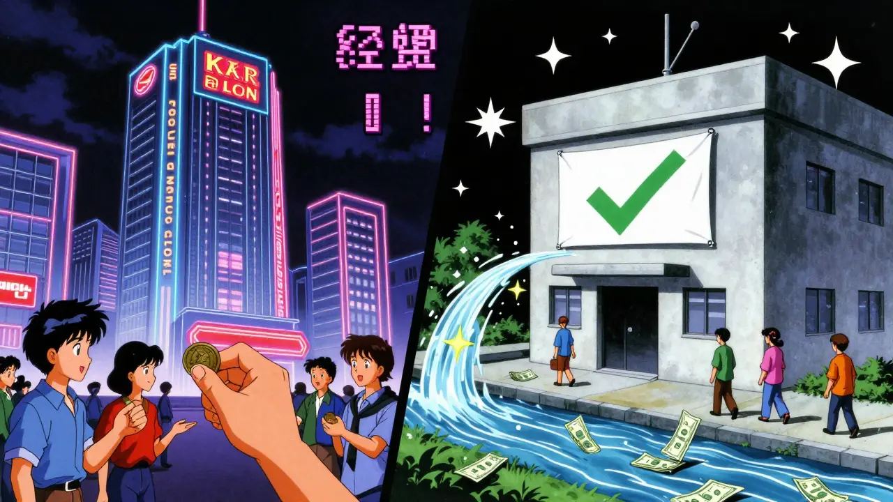 Split-screen: luxury brand drug building vs modest generic building, money flowing to generic side.