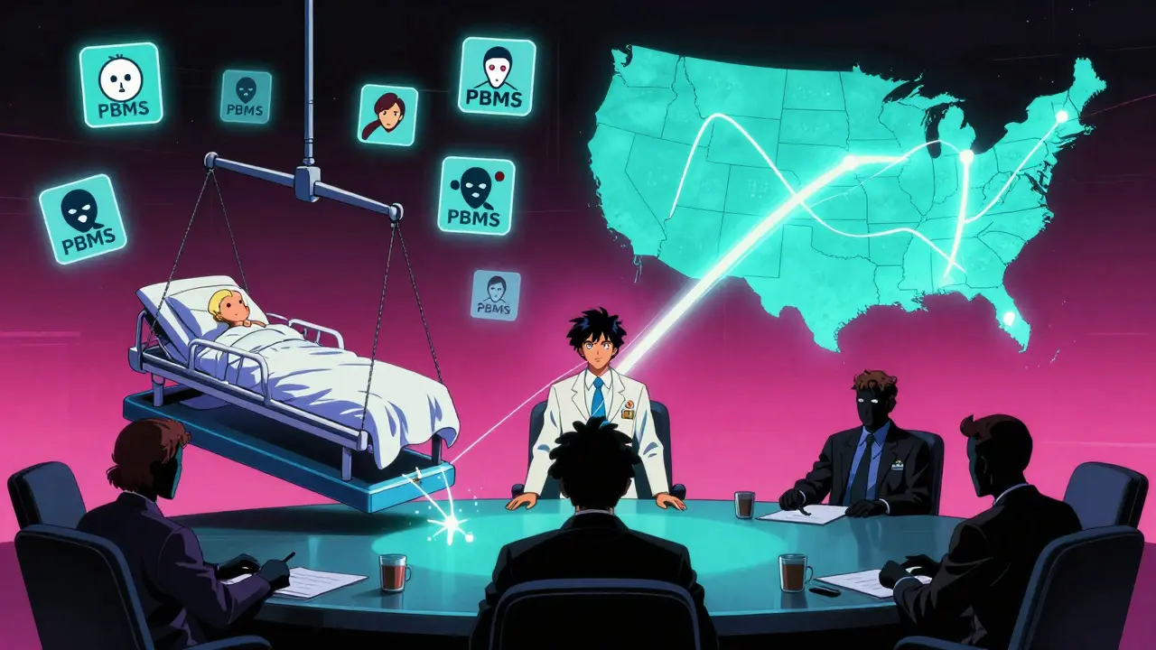 State official confronting corporate executive over generic drug pricing with floating icons