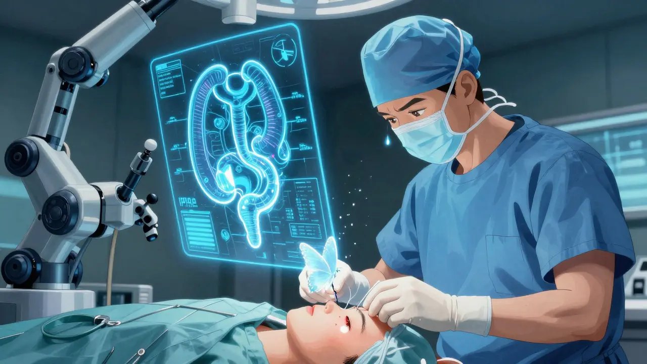 Surgeon performing robotic J-pouch surgery with holographic anatomy and a butterfly symbolizing rebirth.