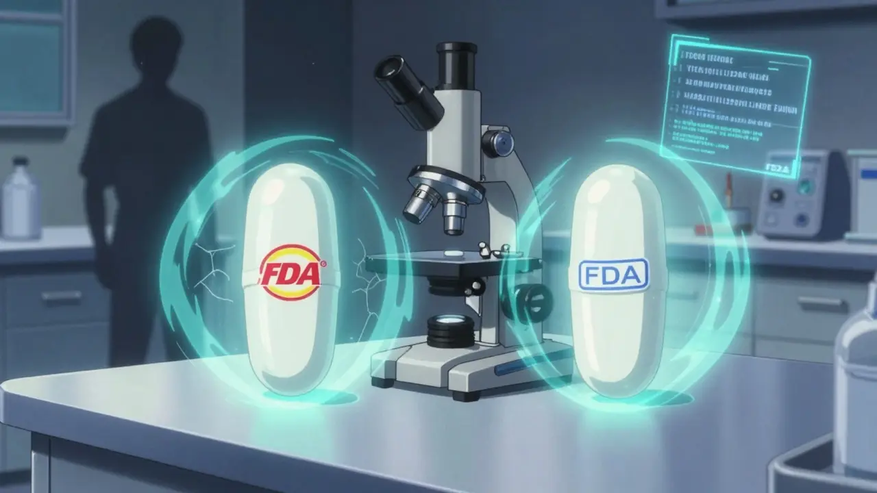 Two identical placebo pills under a microscope, one with a flashy label emitting strong energy waves, the other faint.