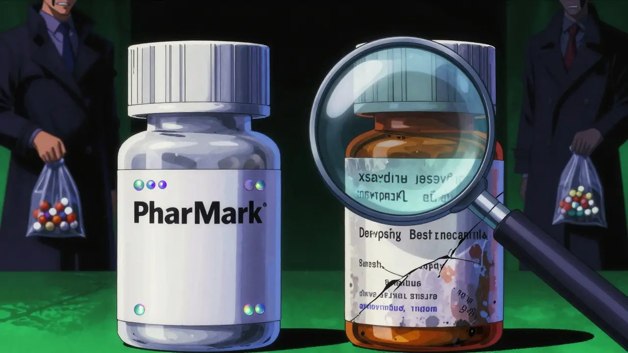 Two pill bottles compared—one authentic with UV glow, the other fake with errors, under magnifying glass.