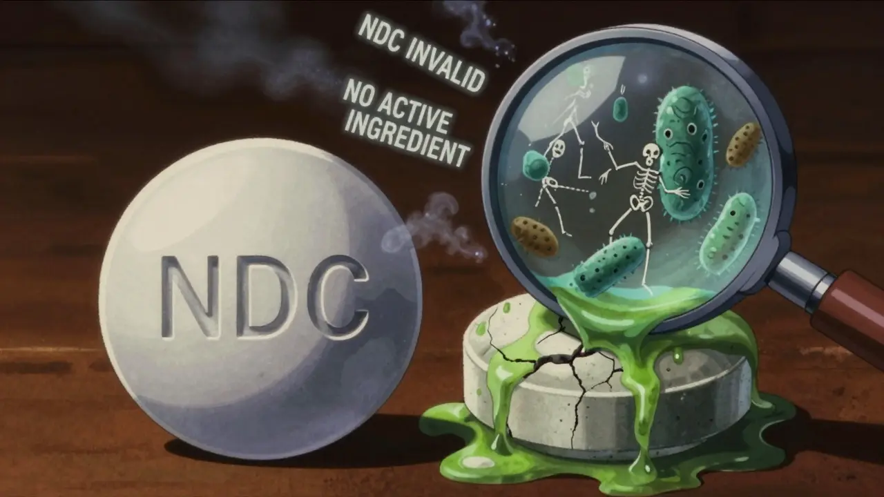 Two pills side by side—one real, one toxic—revealing bacteria and skeletal figures inside the counterfeit.