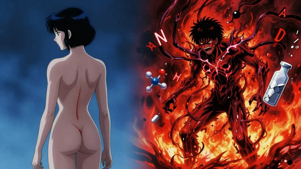 Two versions of a person: one with localized pain, the other engulfed in spreading pain tendrils.