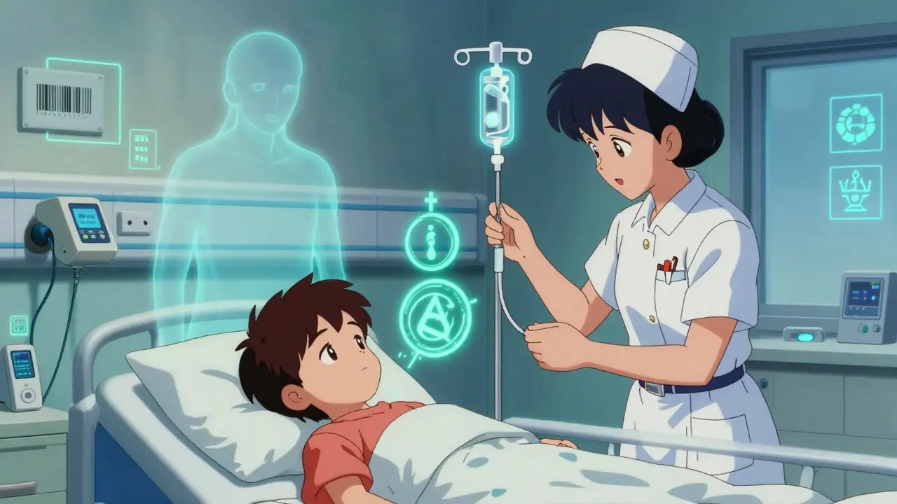 A nurse and advanced practice nurse double-check a pediatric IV drip, surrounded by floating safety rights and glowing tech alerts.