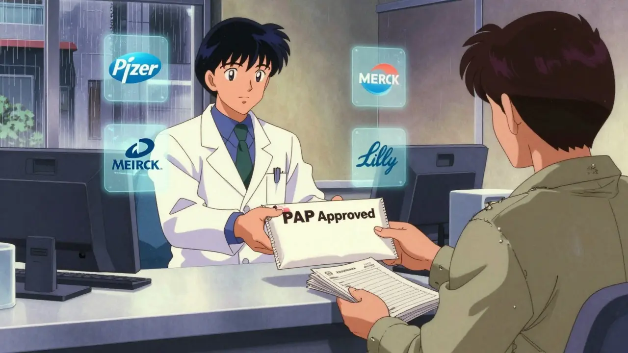 A pharmacist giving a patient an approved patient assistance program envelope with drug company logos glowing in the background.