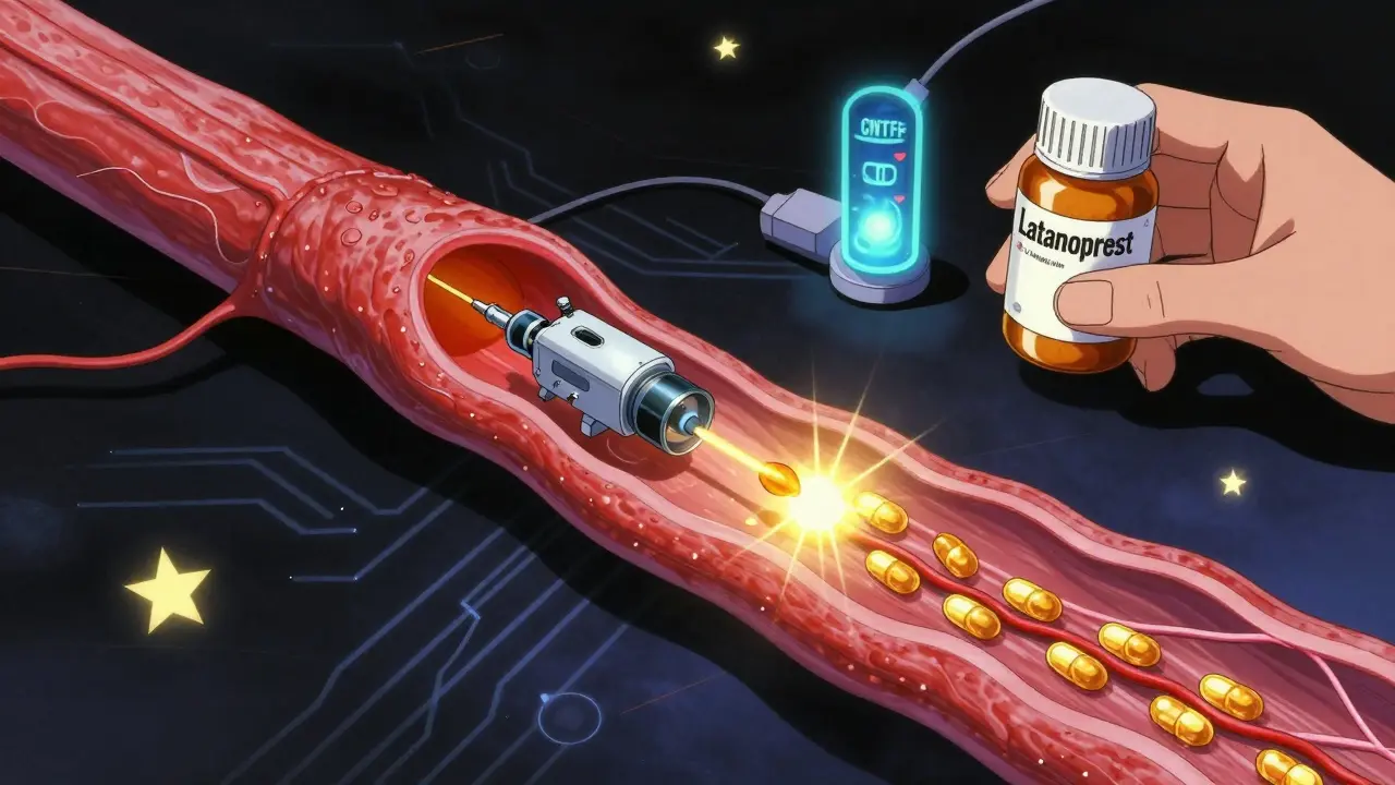 A robotic probe releasing golden growth factors into a glowing optic nerve during futuristic surgery.