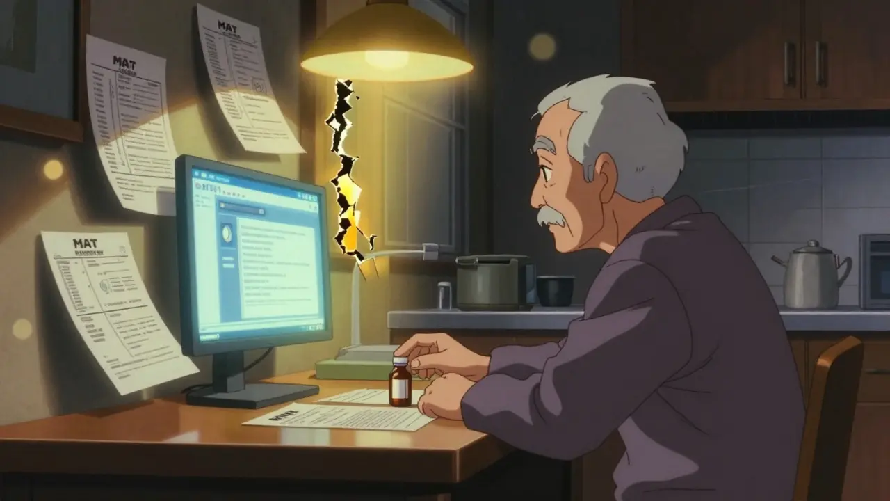 An elderly man at a kitchen table surrounded by medical forms and a glowing website interface for prescription help.
