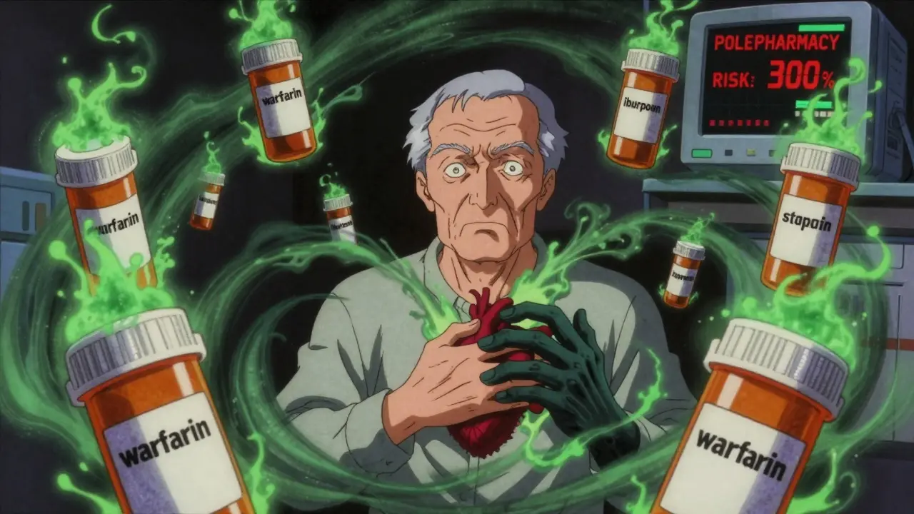 An elderly man surrounded by floating prescription bottles emitting toxic smoke, representing dangerous drug interactions.