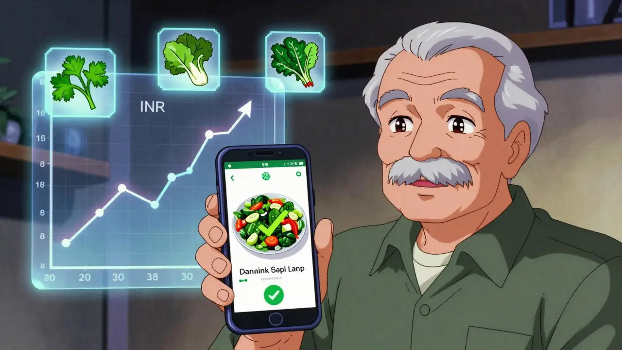 An elderly man using a food app to track his vitamin K intake with steady INR.