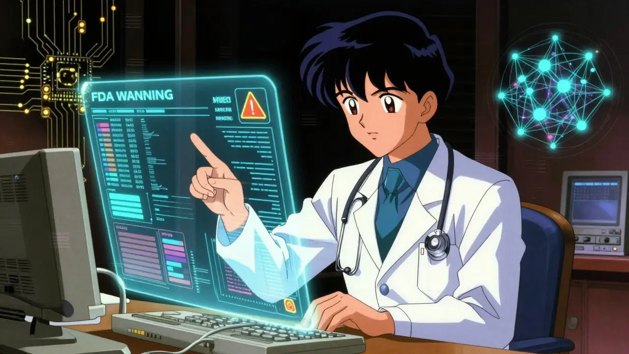 Doctor interacting with real-time FDA warning system via holographic interface