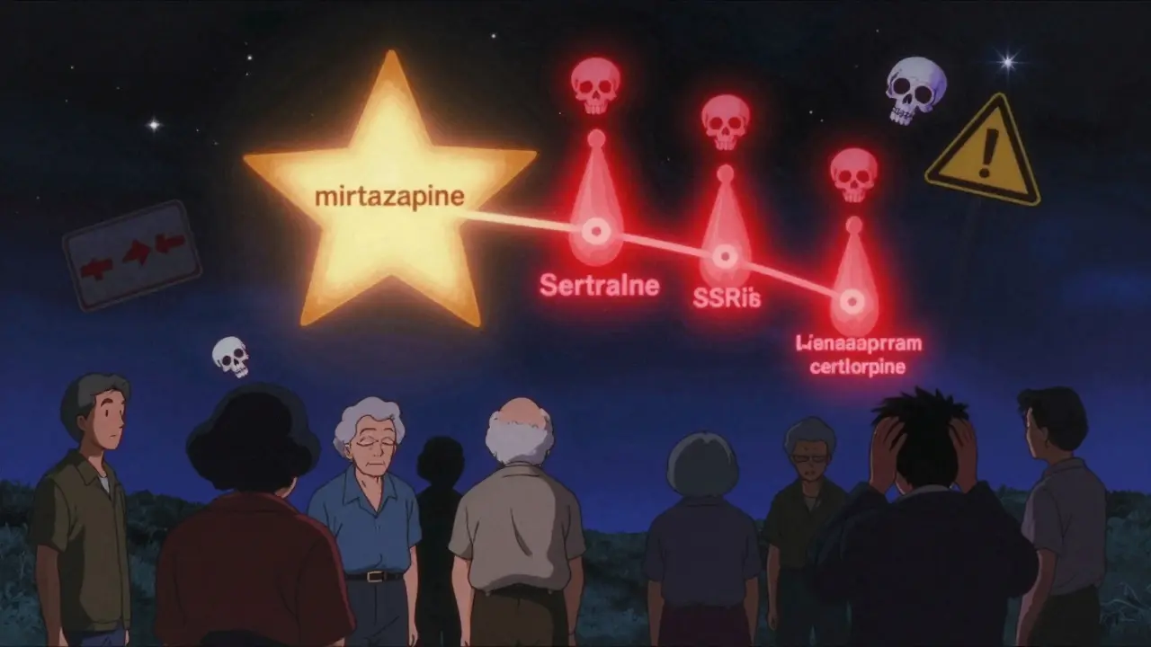Glowing antidepressant chart in space with mirtazapine as safe star, 80s anime style