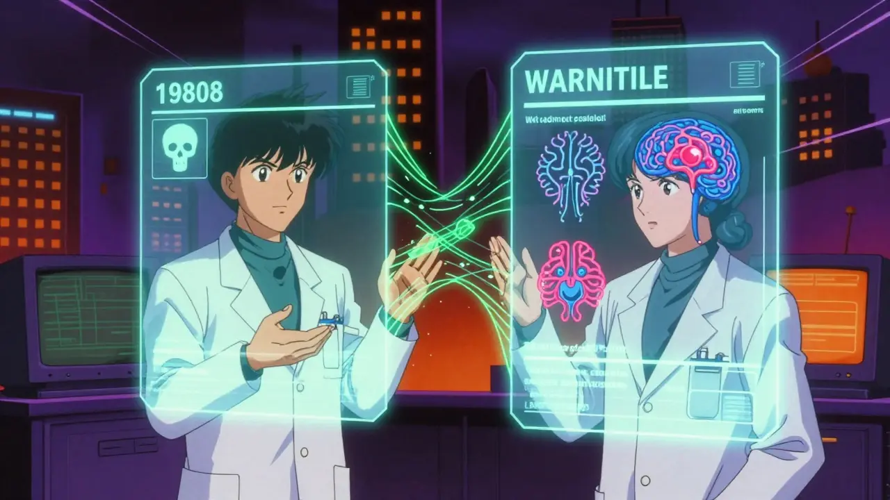 Medical researcher comparing old and new drug warning symbols on holographic display