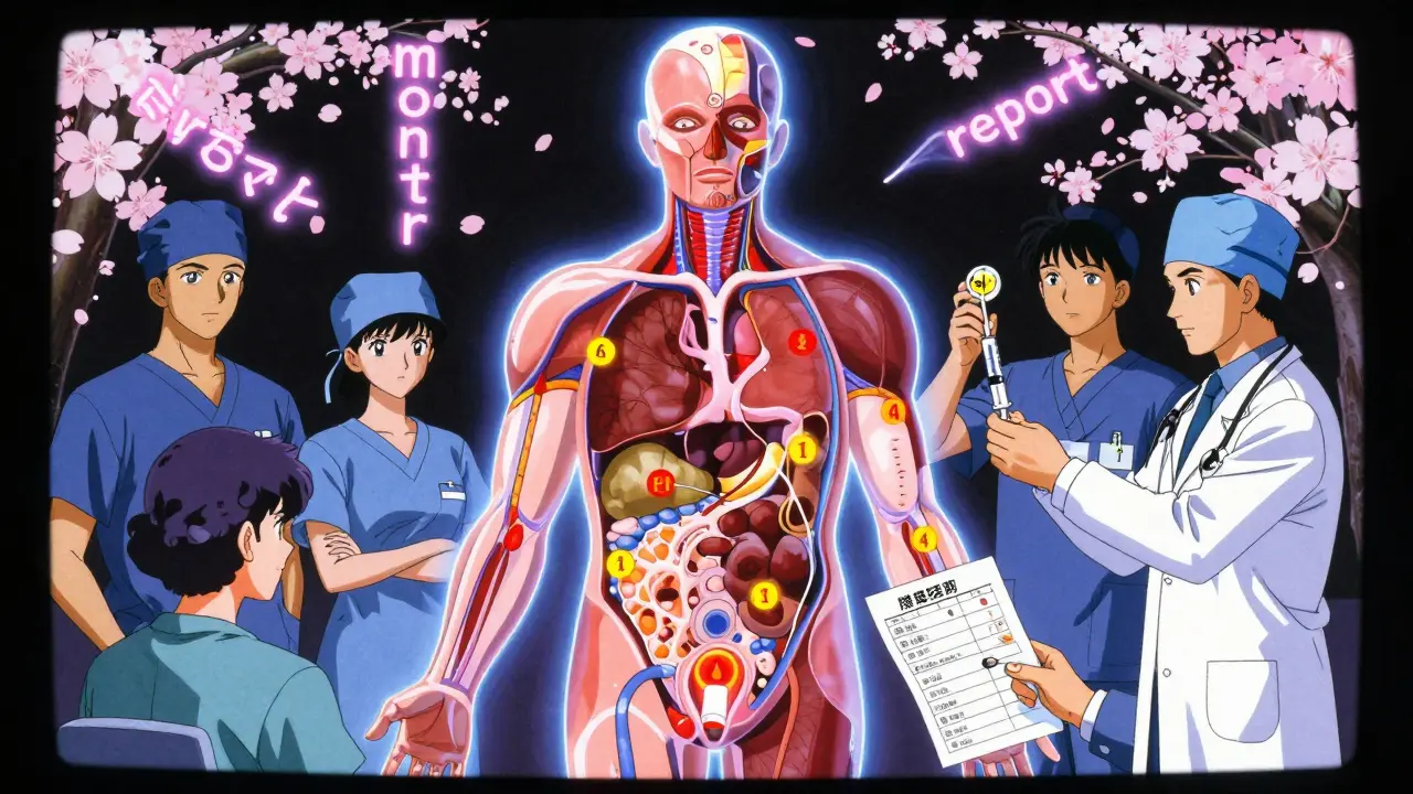 Medical team using a hologram to monitor organ-specific warning signs during irAE management.