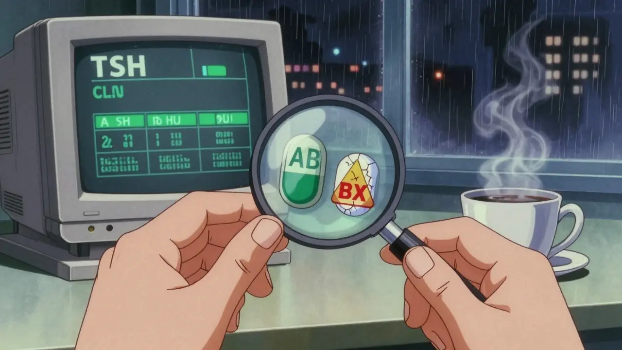 Pharmacist comparing two pills under magnifying glass, one with green AB rating, the other red BX warning.