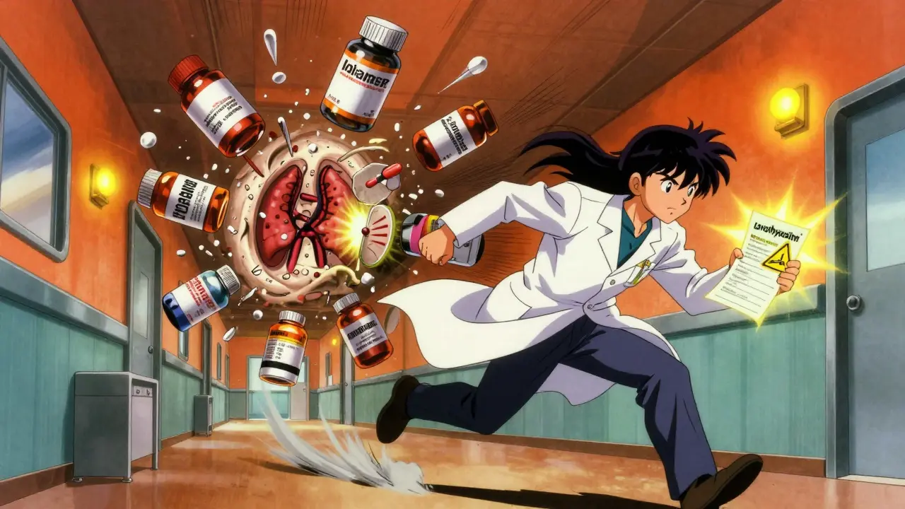 Pharmacist running with patient chart showing levothyroxine warning, generic pill bottles shattering in background.