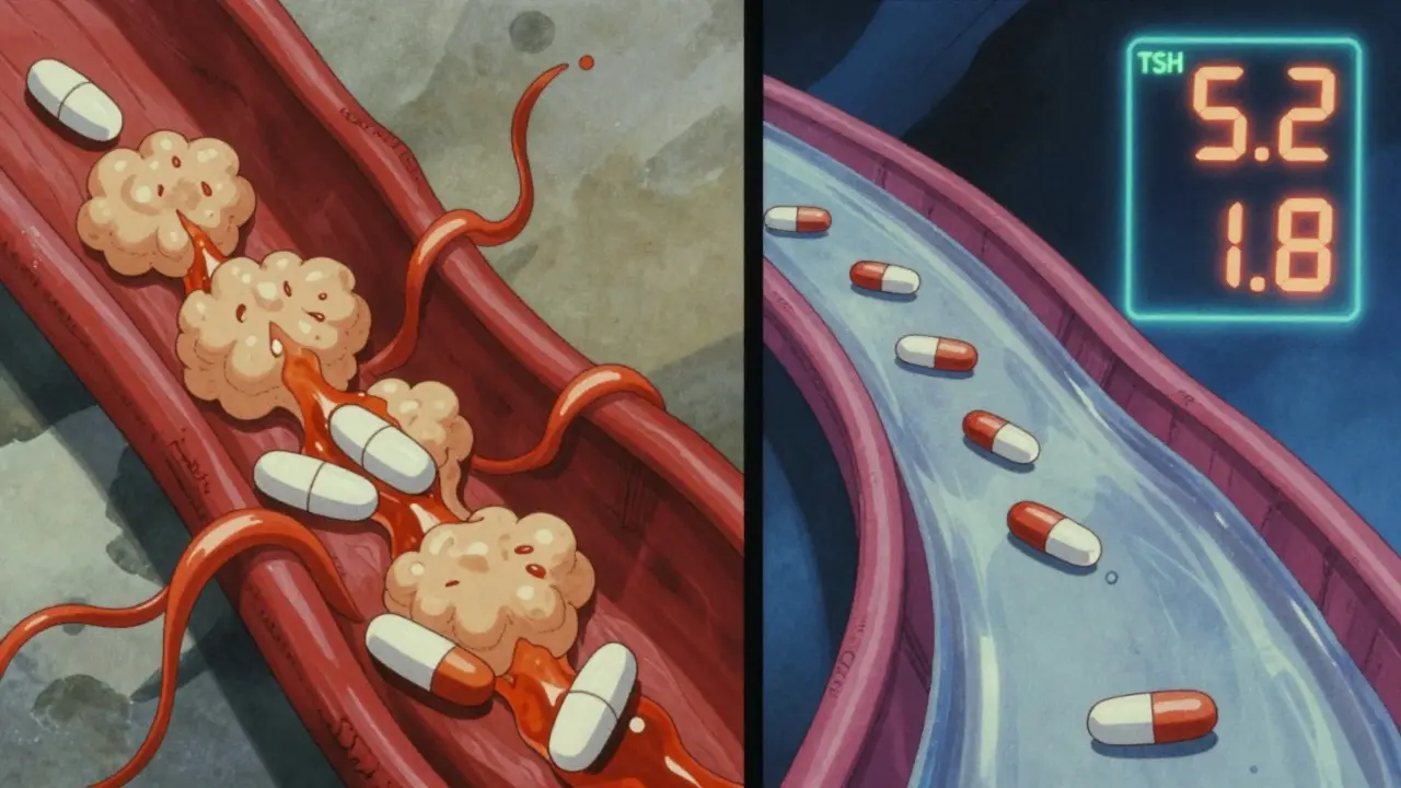 Split illustration showing thyroid hormone absorption blocked by soy proteins versus unimpeded flow.