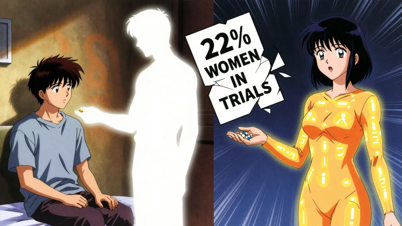 Split image showing male and female patients receiving the same drugs, with different warning symbols highlighting gender-based drug metabolism differences.