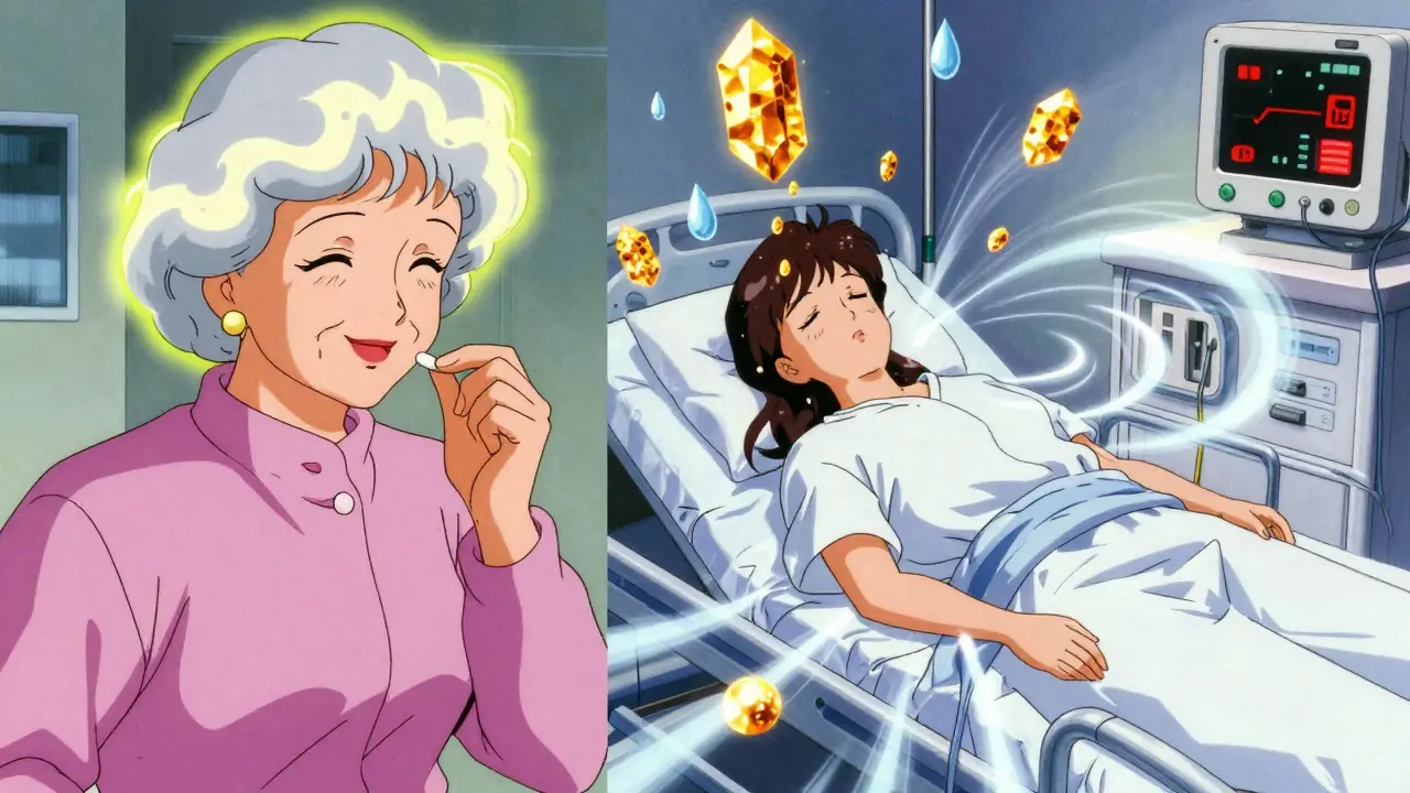 Split scene: woman taking SSRI pill then collapsing with diluting sodium crystals, 80s anime style