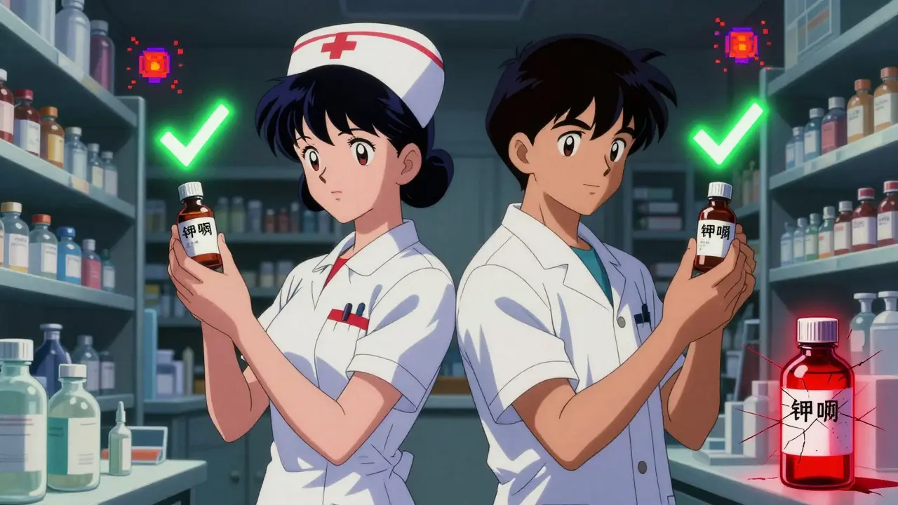 Two healthcare workers independently verify a concentrated potassium chloride vial, with mislabeled dangers glowing in the background.