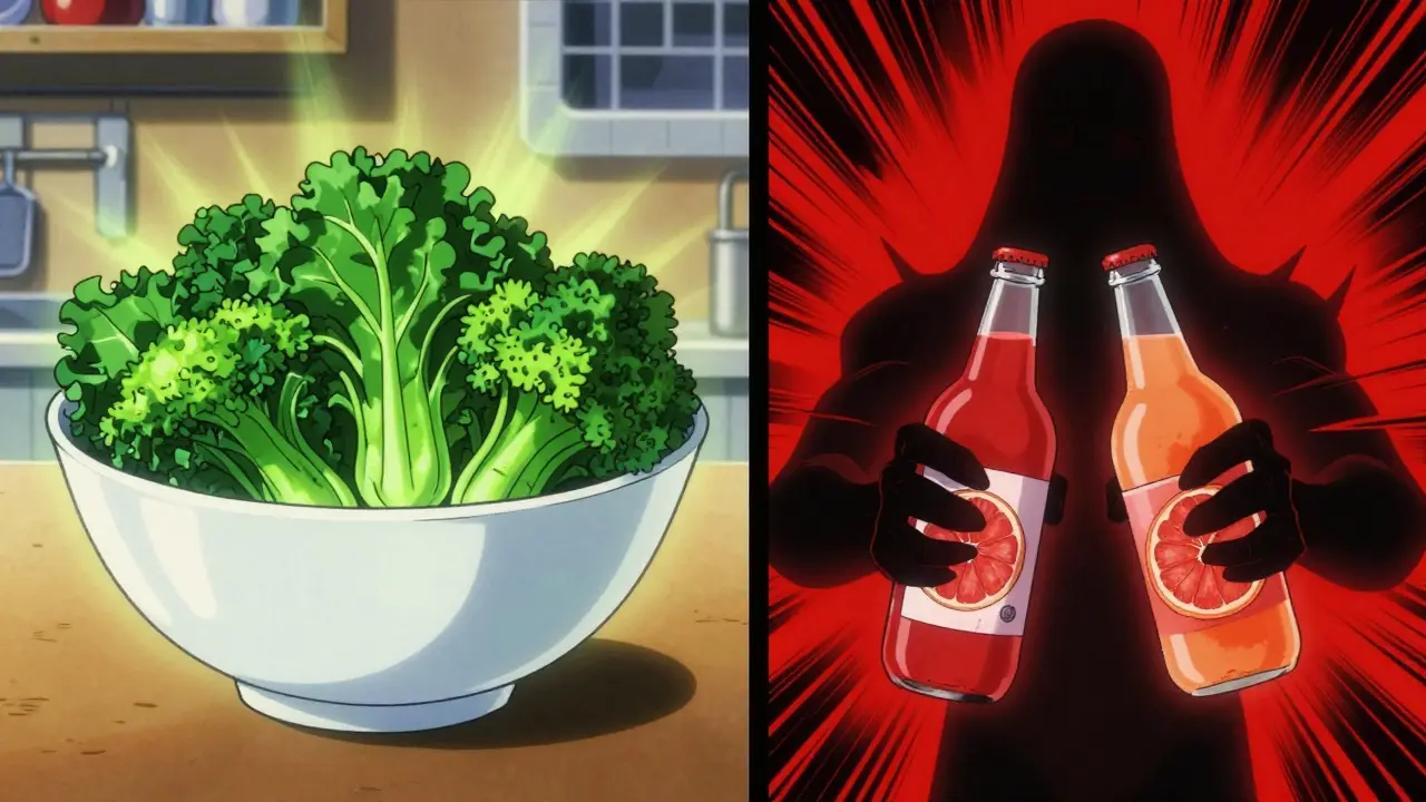 Vitamin K-rich vegetables vs. dangerous juices in dramatic anime-style contrast.