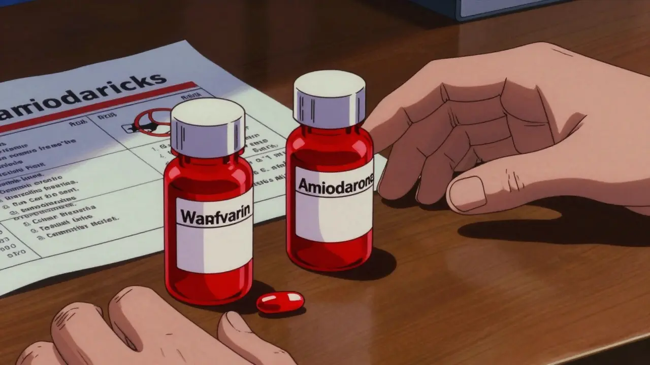 Warfarin and amiodarone bottles glowing with dangerous interaction warning