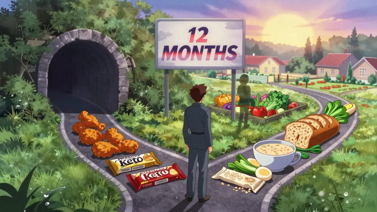 A lone figure choosing between processed diet foods and natural whole foods at dawn